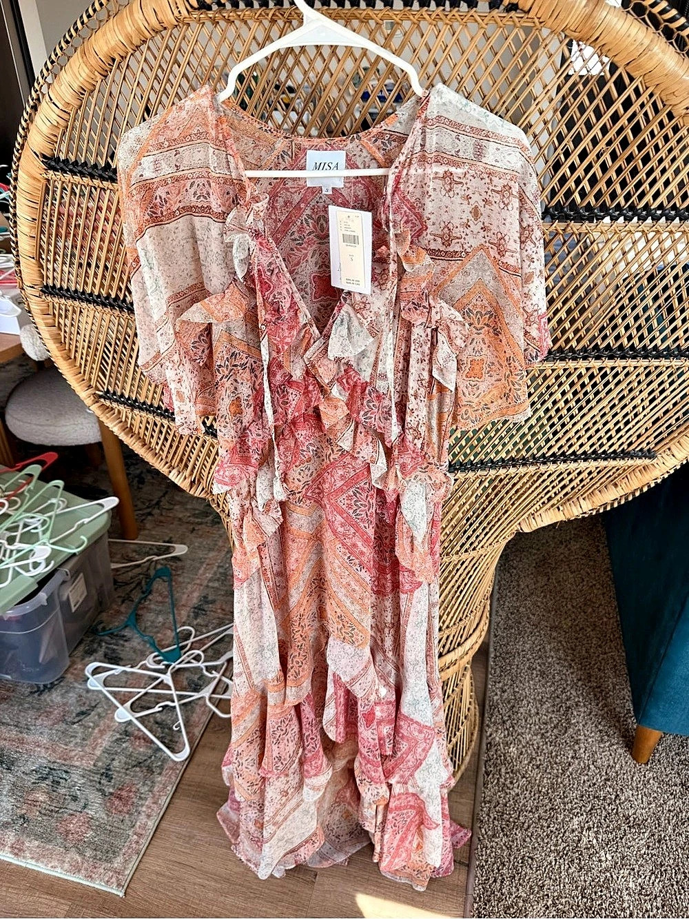 MISA Geometric Ruffle Maxi Dress in Pink & Orange Size Small NWT